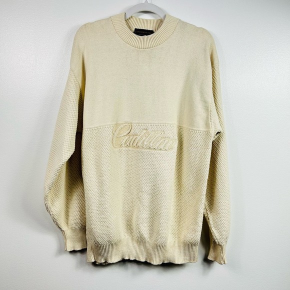 Vintage Cream Cadillac Crew Neck Sweater 100% Cotton Andrew Rohan Large - Picture 1 of 5